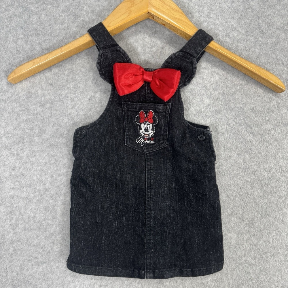 Disney Baby Minnie Mouse Denim‎ Jumper Dress Red Bow Embroidered 12M VTG Y2k
